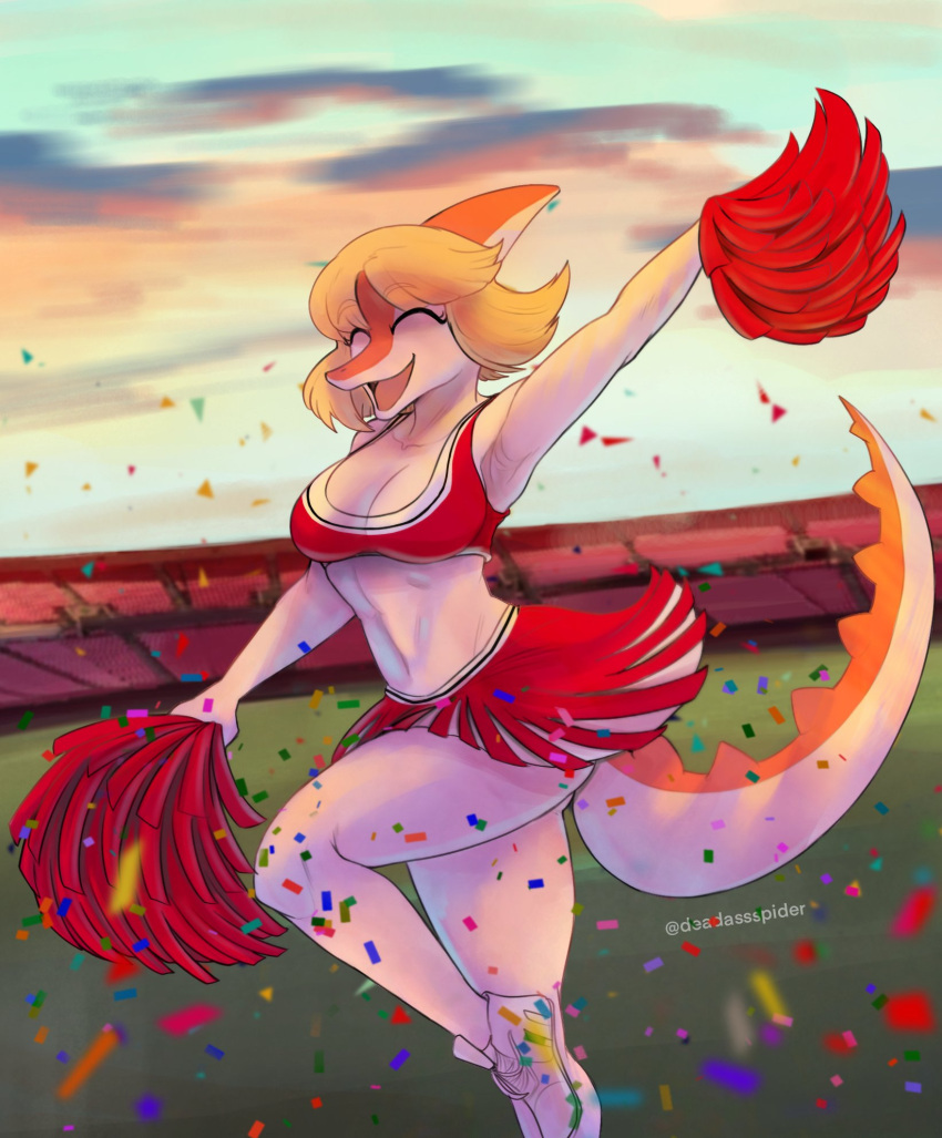 anthro blonde_hair bone_frill bottomwear bra breasts cheering cheerleader cheerleader_outfit cleavage clothed clothing confetti crop_top deadassspider dinosaur eyes_closed female footwear frill_(anatomy) goodbye_volcano_high hadrosaurid hair hi_res long_tail midriff naomi_(gvh) navel non-mammal_breasts orange_body ornithischian outside parasaurolophus plantigrade pom_poms raised_arm reptile scalie shirt shoes skirt smile snoot_game_(fan_game) solo spiked_tail spikes spikes_(anatomy) sports_bra stadium topwear underwear