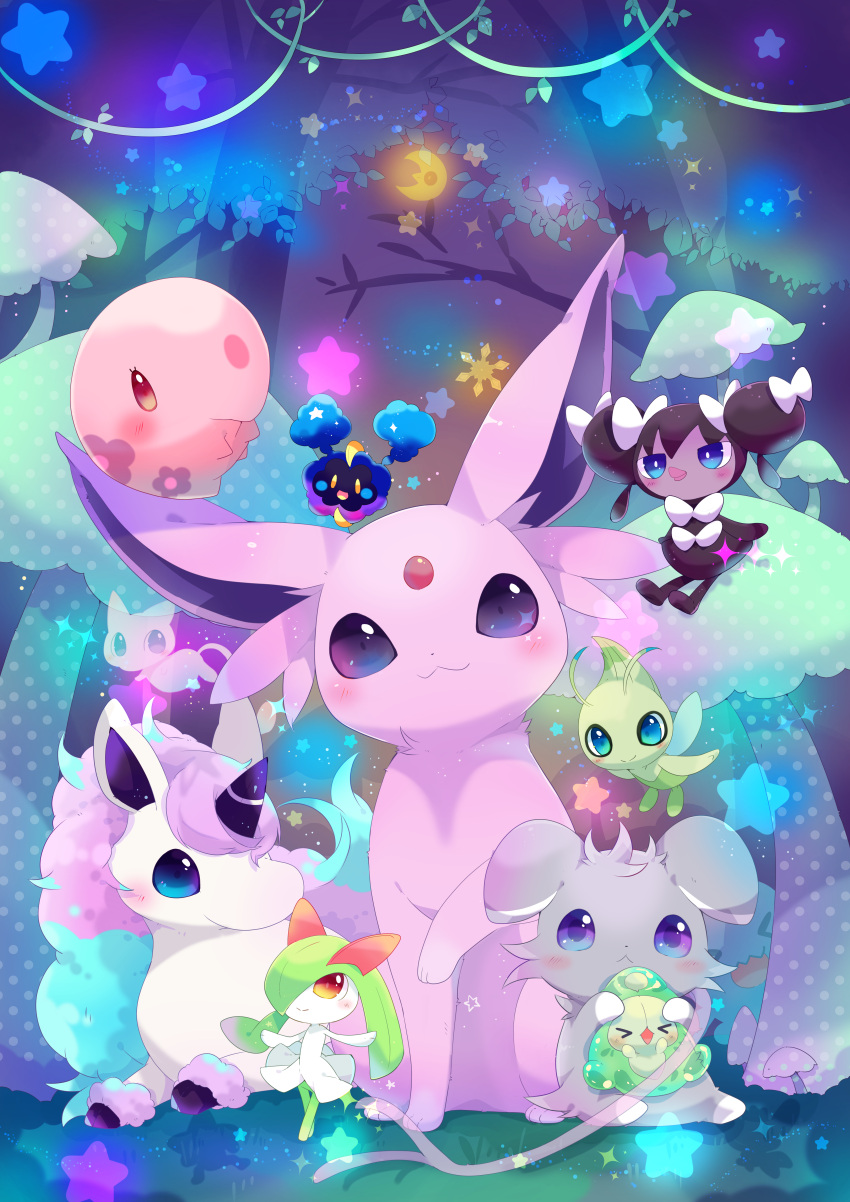 1other 6+others absurdres alternate_color animal animal_ear_fluff animal_focus bangs blue_eyes blue_hair blush bow bright_pupils celebi closed_mouth colored_skin cosmog double_bun dress duosion espeon espurr flat_chest forehead_jewel forest forked_tail full_body galarian_ponyta gem gothorita green_hair green_skin hair_bun hair_over_one_eye hat highres horns horse kirlia leaf looking_at_another looking_at_viewer looking_to_the_side lunatone medium_hair mew multicolored_hair multicolored_skin multiple_others munna mushroom nature no_humans open_mouth outdoors plant pokemon pokemon_(creature) pokemon_(game) ponyta purple_eyes purple_hair red_eyes red_gemstone shiny short_hair sidelocks single_horn sitting smile solid_oval_eyes standing star_(symbol) tail tree two-tone_hair two-tone_skin two_side_up ushiina white_bow white_skin yellow_eyes