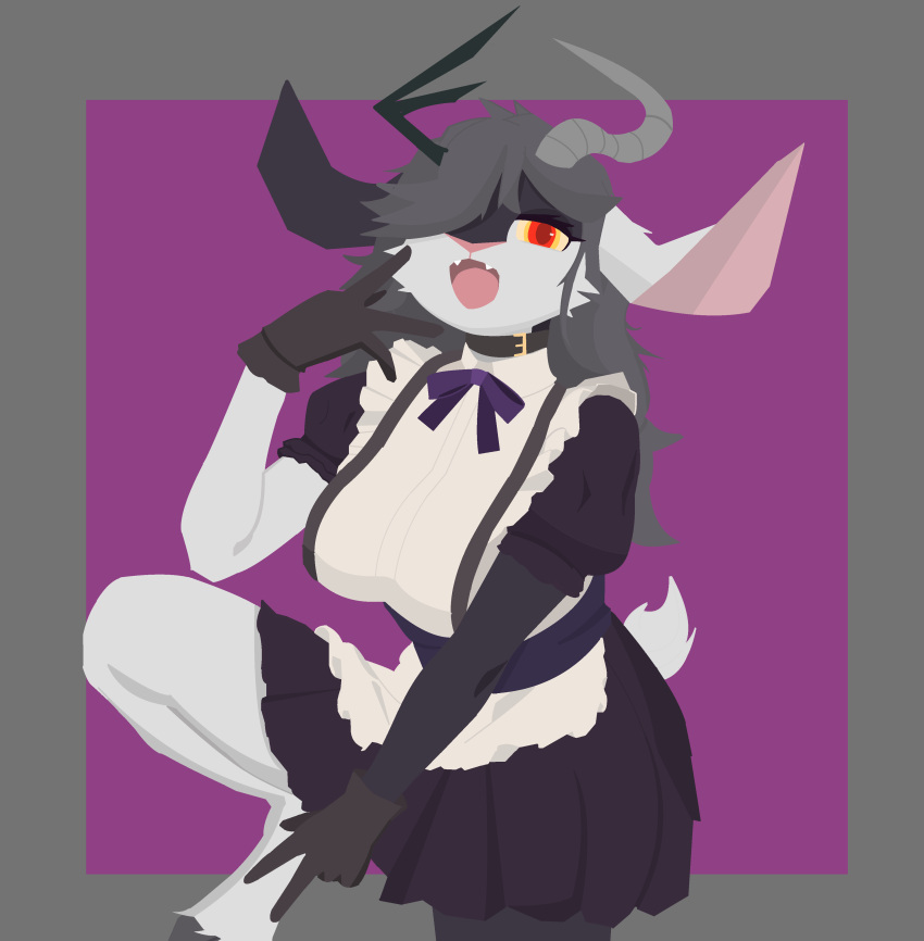 absurd_res anthro black_body black_fur bovid caprine caprine_demon cel_shading clothed clothing demon digital_media_(artwork) female floppy_ears fur hair handwear hi_res hooves horn landosell1 looking_at_viewer maid_uniform mammal multicolored_body open_mouth shaded sharp_teeth simple_background smile solo teeth tongue uniform white_body white_fur wormwood_(landosell1)