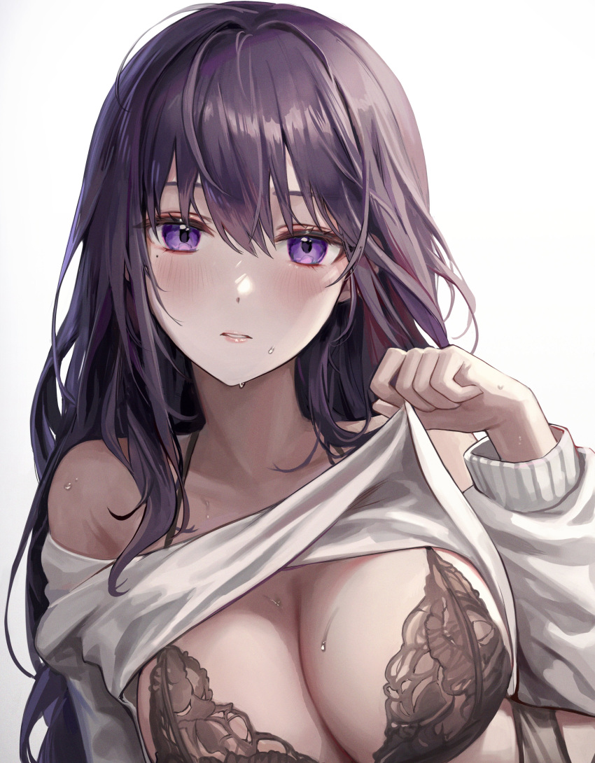 1girl absurdres aibek bangs bare_shoulders black_bra black_panties blush bra breasts cleavage clothes_lift commentary english_commentary genshin_impact hair_between_eyes halterneck hand_up highres holding large_breasts lifted_by_self long_hair long_sleeves mole mole_under_eye off-shoulder_sweater off_shoulder panties parted_lips purple_eyes purple_hair raiden_shogun sidelocks simple_background solo sweat sweater sweater_lift underwear unfinished wet white_background white_sweater