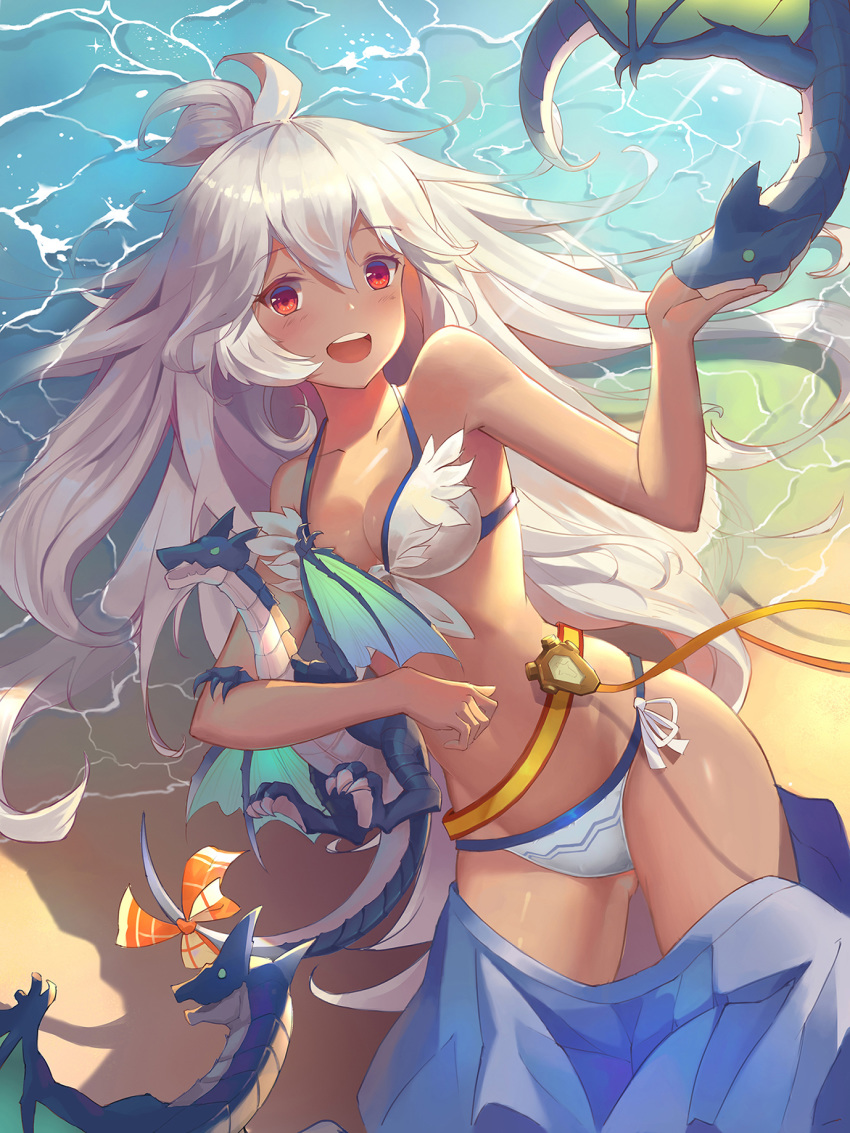 1girl ahoge bare_arms bare_shoulders beach bikini blue_skirt breasts collarbone commentary_request dark_skin day dragon eyebrows_visible_through_hair feet_out_of_frame flower front-tie_bikini front-tie_top granblue_fantasy hair_between_eyes highres laughing legs leilin long_hair looking_at_viewer lying medium_breasts midriff ocean on_back open_mouth outdoors red_eyes sand side-tie_bikini skirt solo swimsuit tan thighs water white_bikini white_hair zooey_(granblue_fantasy)
