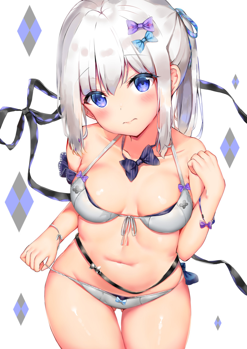 1girl 3: absurdres arm_garter bachibachi_(tisen) bare_shoulders belt black_neckwear black_ribbon blue_bow blue_eyes blue_ribbon blush bow bowtie bra breasts closed_mouth collarbone cowboy_shot front-tie_top gluteal_fold grey_bra grey_panties hair_bow hair_ribbon halter_top halterneck hand_up head_tilt highres long_hair looking_at_viewer medium_breasts navel original panties ponytail purple_bow ribbon sidelocks solo stomach striped striped_bow striped_neckwear striped_ribbon thigh_gap underwear underwear_only white_background white_hair