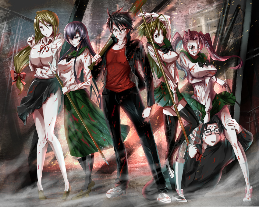 baseball_bat black_hair blonde_hair blood blue_hair busujima_saeko glasses highres highschool_of_the_dead hirano_kohta komuro_takashi marikawa_shizuka miyamoto_rei pink_hair saku school_uniform takagi_saya thighhighs twintails weapon