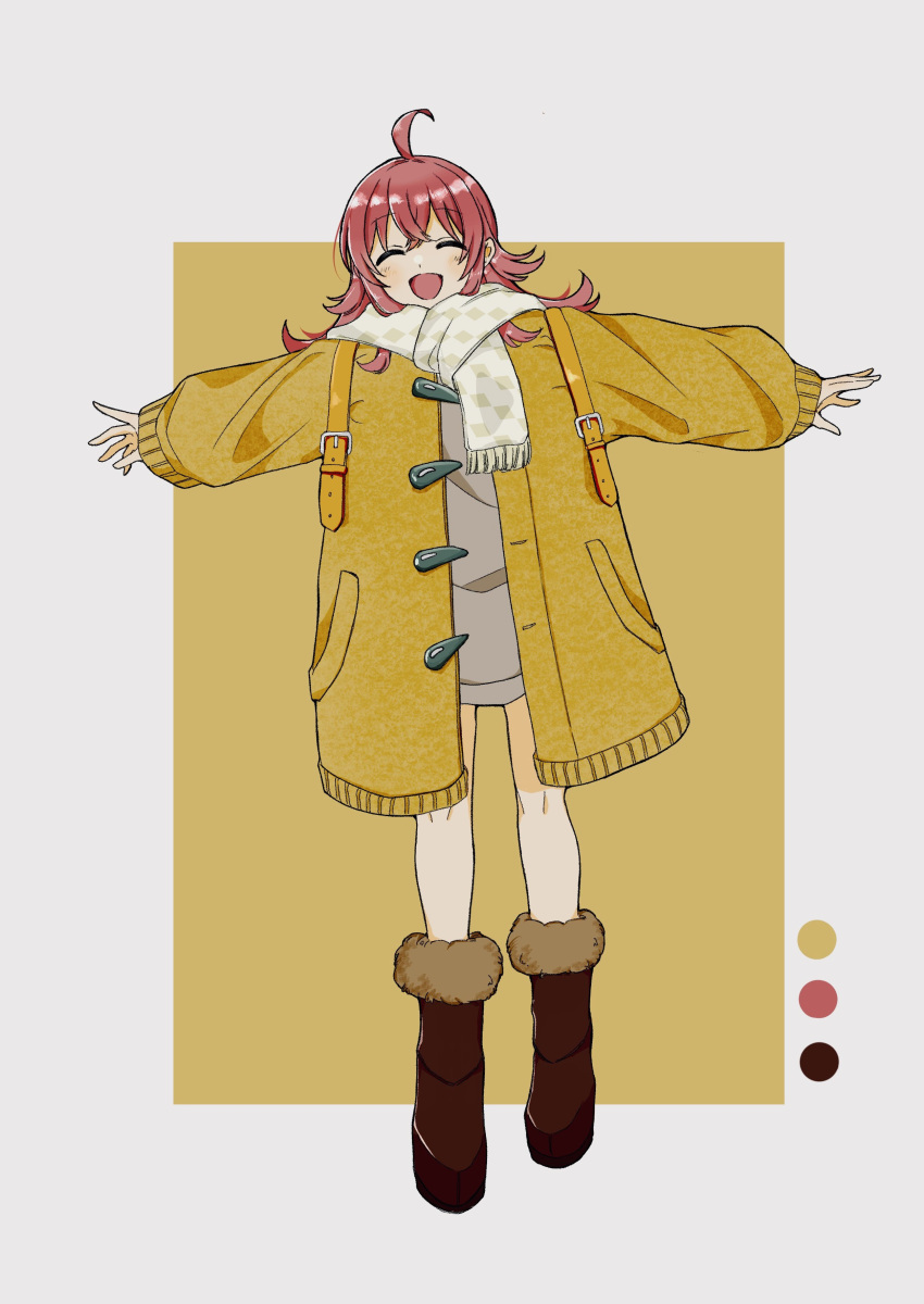 1girl ^_^ ^o^ absurdres ahoge blush closed_eyes coat color_guide full_body fur-trimmed_footwear highres idolmaster idolmaster_shiny_colors komiya_kaho outstretched_arms plaid plaid_scarf red_hair scarf simple_background smile solo teteraraforest yellow_background yellow_coat