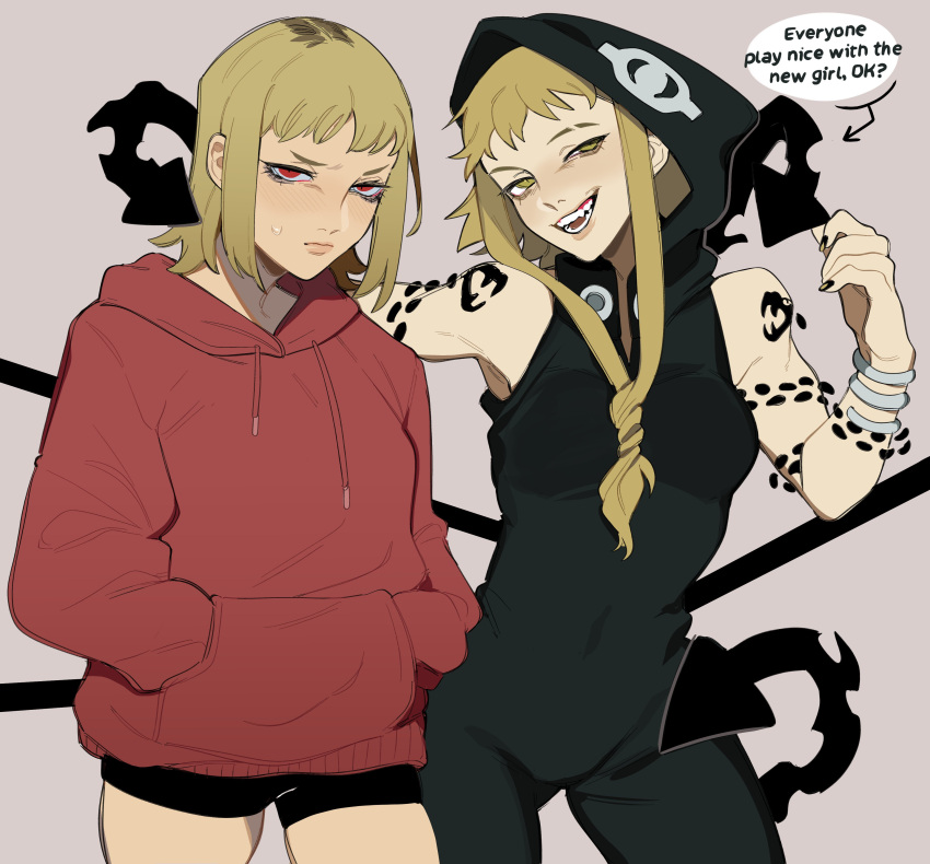 2girls absurdres akane_sawatari_(chainsaw_man) black_jumpsuit black_nails blonde_hair braid chainsaw_man crossover grey_background hands_in_pockets highres hood hooded_jumpsuit hoodie jumpsuit long_hair medium_hair medusa_gorgon multiple_girls open_mouth porqueloin red_eyes red_hoodie sharp_teeth shorts simple_background sleeveless_jumpsuit smile snake soul_eater sweat tail teeth yellow_eyes