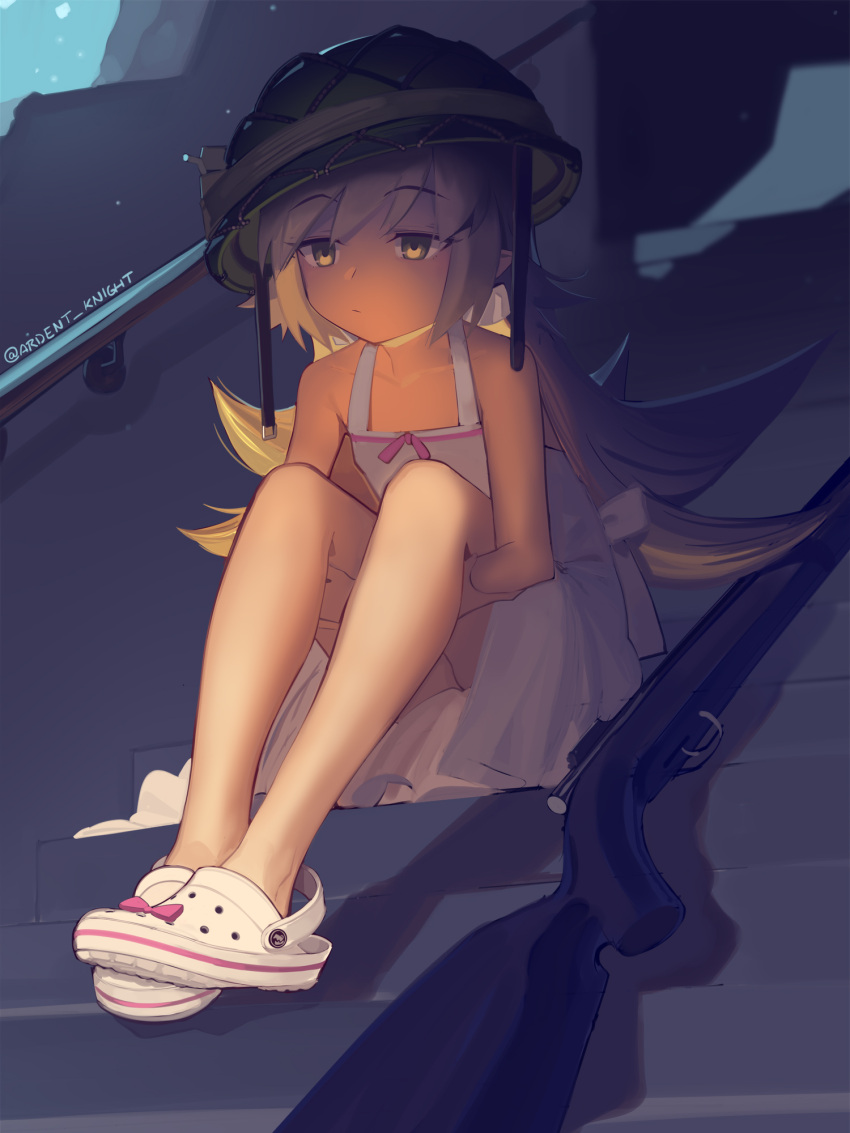 1girl alternate_footwear back_bow bakemonogatari bare_arms bare_legs bare_shoulders blonde_hair boa_(brianoa) bow collarbone commentary crocs dress english_commentary expressionless flat_chest flipped_hair full_body gun half-closed_eyes helmet highres holding_legs knees_up long_hair monogatari_(series) oshino_shinobu railing rifle shadow sitting sitting_on_stairs solo stairs twitter_username upskirt very_long_hair waist_bow weapon white_dress yellow_eyes