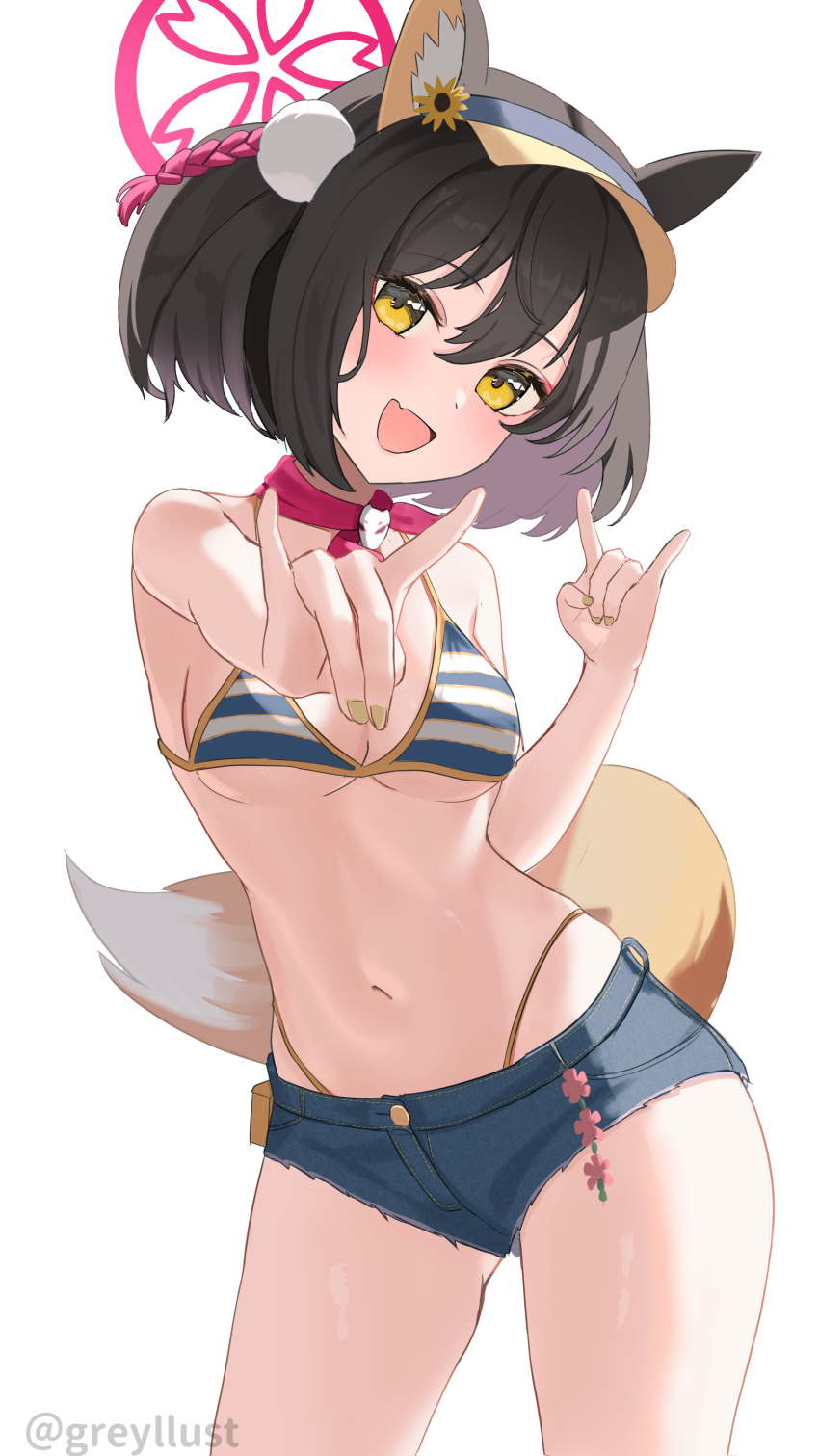 1girl absurdres animal_ear_fluff animal_ears animal_hair_ornament bikini blue_archive brown_hair contrapposto cowboy_shot denim denim_shorts fang fox_ears fox_girl fox_hair_ornament fox_shadow_puppet fox_tail guree_(haiiro) hair_ornament halo highleg highleg_bikini highres izuna_(blue_archive) izuna_(swimsuit)_(blue_archive) micro_shorts pink_scarf pom_pom_(clothes) pom_pom_hair_ornament scarf short_hair shorts skin_fang standing striped striped_bikini swimsuit tail visor_cap white_background yellow_eyes