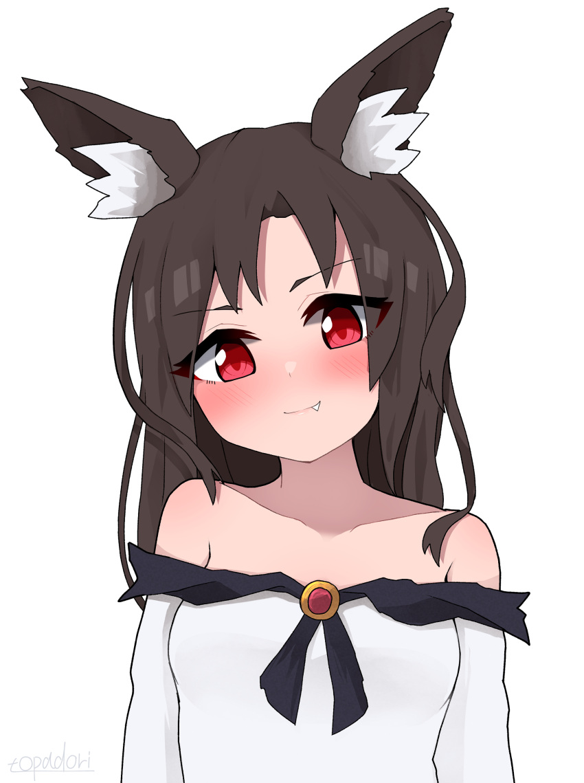 1girl absurdres animal_ear_fluff animal_ears bangs black_hair blush closed_mouth dress fang highres imaizumi_kagerou long_hair long_sleeves looking_at_viewer off_shoulder red_eyes simple_background solo topadori touhou upper_body white_background wolf_ears wolf_girl