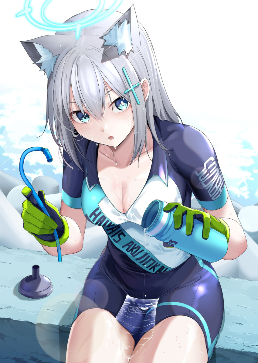 1girl animal_ear_fluff animal_ears bangs bike_jersey blue_archive blue_eyes blue_shorts blush bottle breasts chicke_iii cleavage cross_hair_ornament drinking_straw extra_ears gloves green_gloves grey_hair hair_between_eyes hair_ornament halo highres leaning_forward lens_flare looking_at_viewer medium_breasts official_alternate_costume parted_lips pouring pouring_onto_self shiroko_(blue_archive) shiroko_(cycling)_(blue_archive) short_sleeves shorts sitting solo sweat wakamezake water