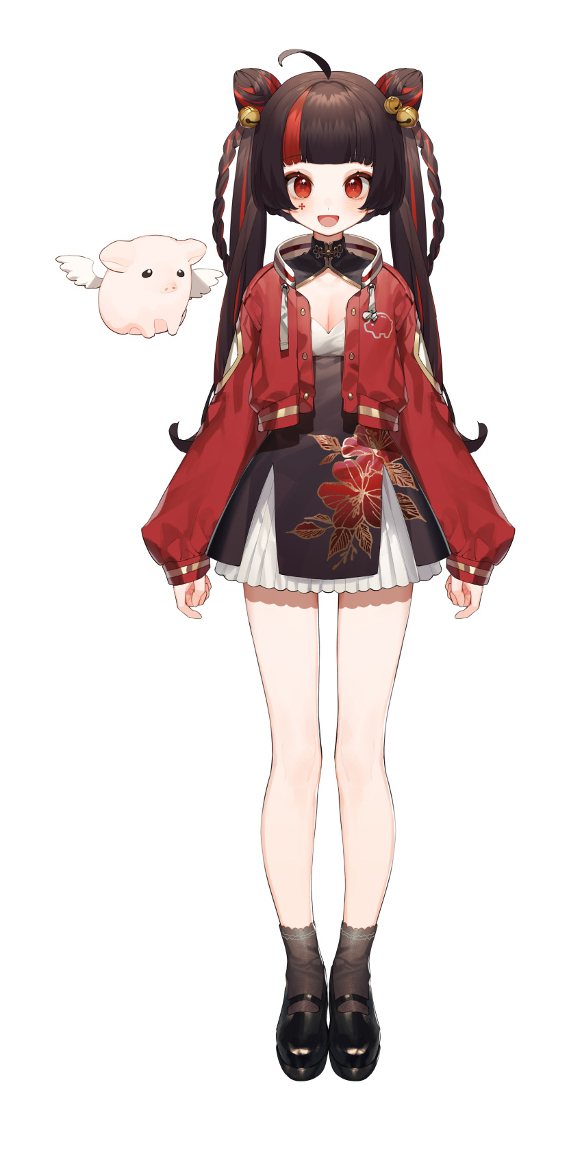 1girl :d absurdres ahoge ankle_socks bare_legs black_dress black_footwear black_hair black_socks blush braid breasts chinese_clothes cleavage cleavage_cutout clothing_cutout double_bun dress facial_tattoo floral_print flying_pig full_body hair_bun highres jacket kero_(vtuber) letterman_jacket long_hair long_sleeves mary_janes multicolored_hair nijisanji official_art open_clothes open_jacket pelvic_curtain pig red_eyes red_hair red_jacket shoes smile socks solo standing streaked_hair tattoo transparent_background twin_braids twintails virtual_youtuber virtuareal