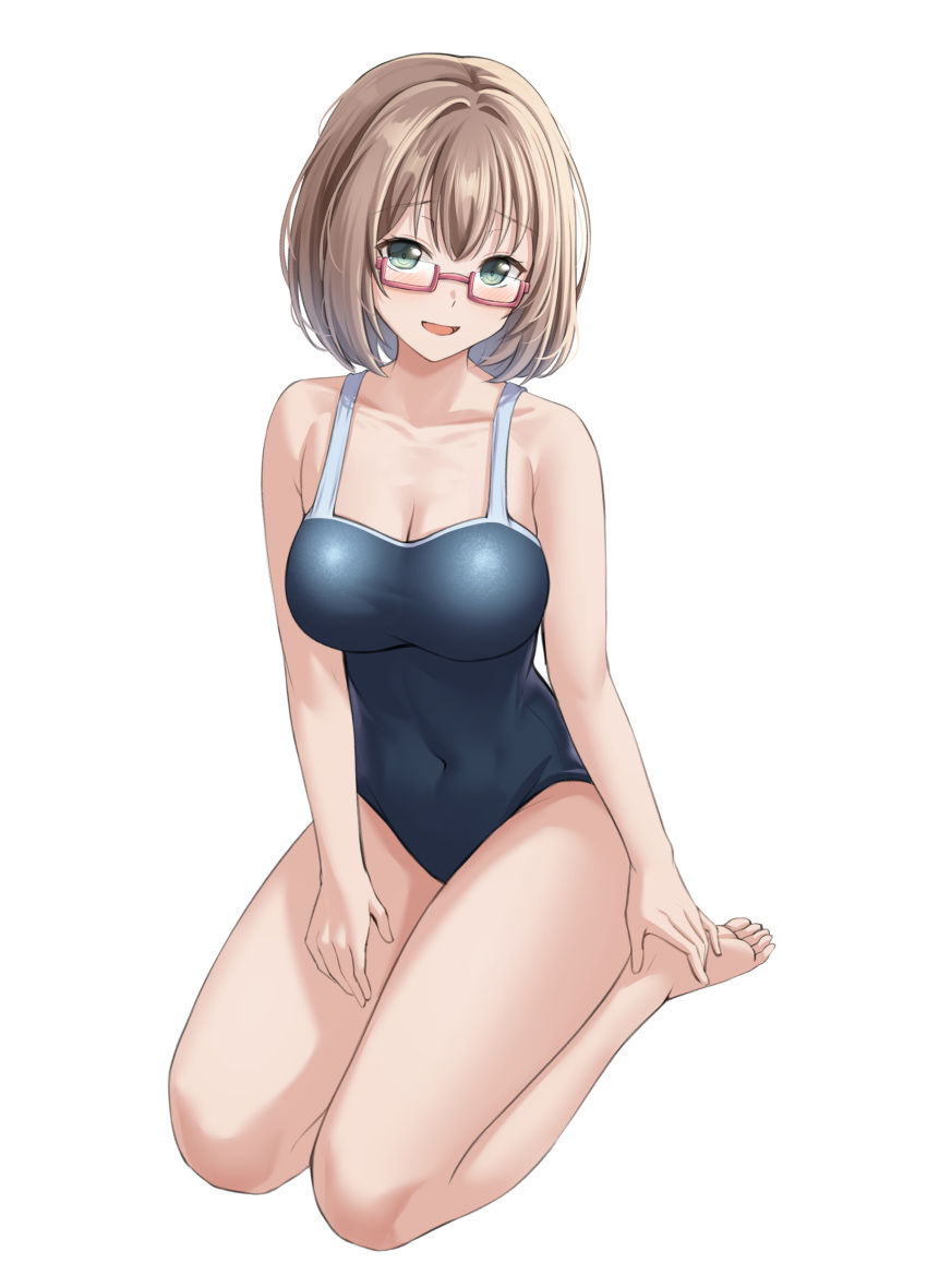 1girl absurdres bang_dream! bangs bare_arms bare_legs bare_shoulders barefoot blue_one-piece_swimsuit blush breasts brown_hair cleavage collarbone commentary_request covered_navel full_body glasses green_eyes hand_on_own_foot hand_on_own_thigh highres large_breasts looking_at_viewer looking_over_eyewear parted_lips ptal raised_eyebrows red-framed_eyewear school_swimsuit seiza semi-rimless_eyewear short_hair simple_background sitting smile solo swimsuit under-rim_eyewear white_background yamato_maya