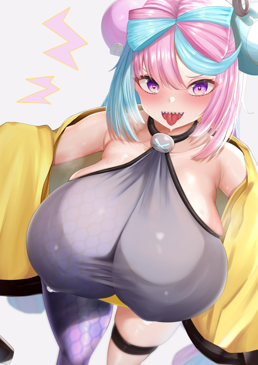 1girl aqua_hair bangs blush bow-shaped_hair breasts character_hair_ornament chomikuplus hair_ornament highres huge_breasts iono_(pokemon) looking_at_viewer magnemite multicolored_hair open_mouth pink_hair pokemon pokemon_(game) pokemon_sv purple_eyes sharp_teeth simple_background solo teeth tongue tongue_out two-tone_hair white_background