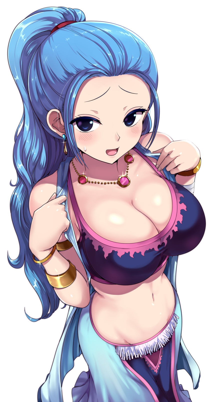 1girl :d blue_eyes blue_hair blue_skirt bracelet breasts cleavage crop_top earrings groin highres jewelry kasai_shin large_breasts long_hair looking_at_viewer navel necklace nefertari_vivi one_piece open_mouth ponytail simple_background skirt smile solo sweatdrop white_background