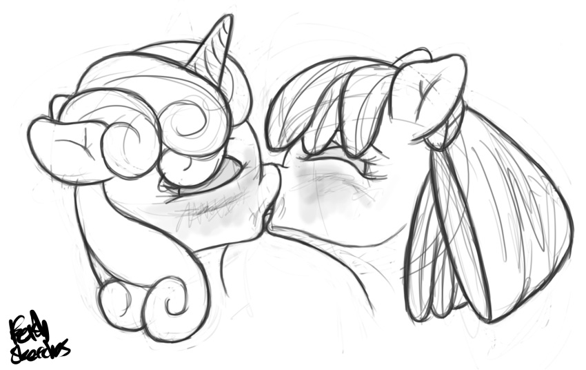 2019 accessory apple_bloom_(mlp) blush bow_ribbon digital_drawing_(artwork) digital_media_(artwork) duo earth_pony equid equine female female/female feral fetishsketches french_kissing friendship_is_magic hair hair_accessory hair_bow hair_ribbon hasbro hi_res horn horse kissing mammal monochrome my_little_pony pony ribbons signature simple_background sketch sweetie_belle_(mlp) unicorn white_background