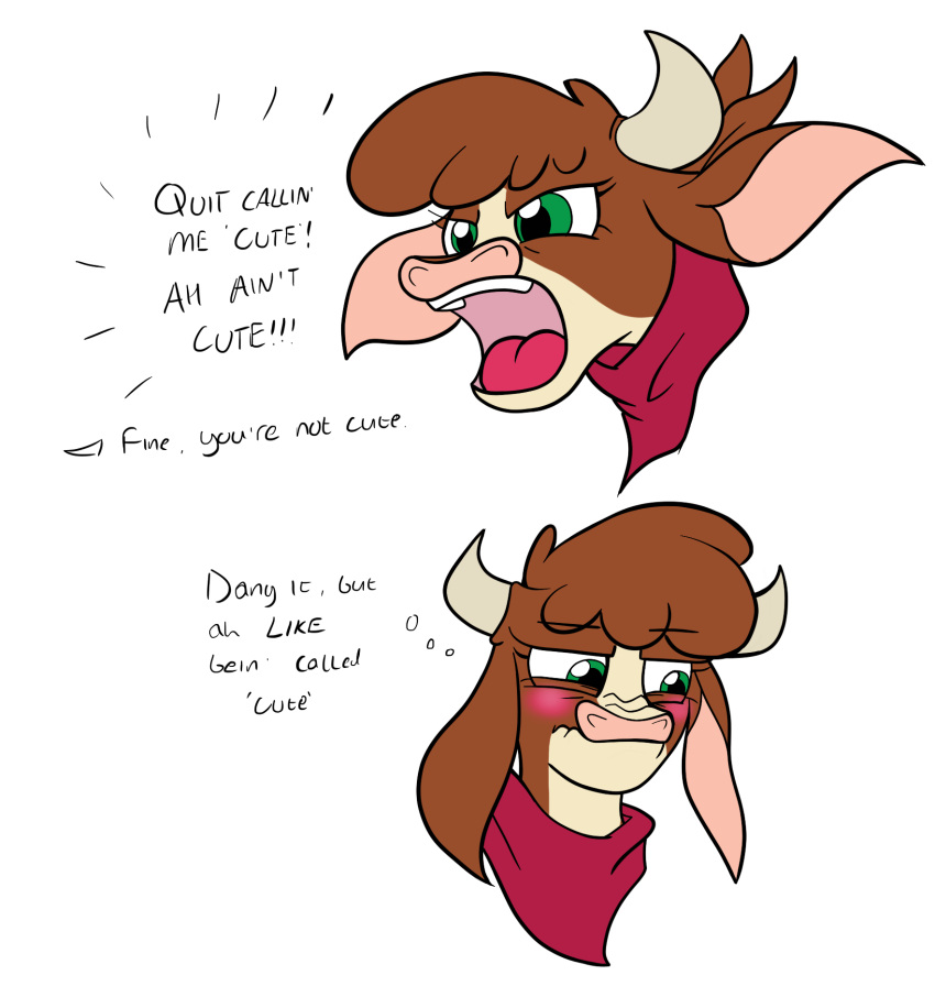 2022 2_horns argument arizona_cow_(tfh) bandanna blush bovid bovid_horn bovine brown_body brown_hair cattle dialogue digital_media_(artwork) duragan ears_down english_text eyelashes female feral flat_colors floppy_ears frown green_eyes hair half-closed_eyes hereford_cattle hi_res horn kerchief mammal moody narrowed_eyes neckerchief offscreen_character open_mouth pink_nose pivoted_ears red_kerchief red_neckerchief simple_background solo tan_body text them's_fightin'_herds tsundere unimpressed unsigned white_background yelling