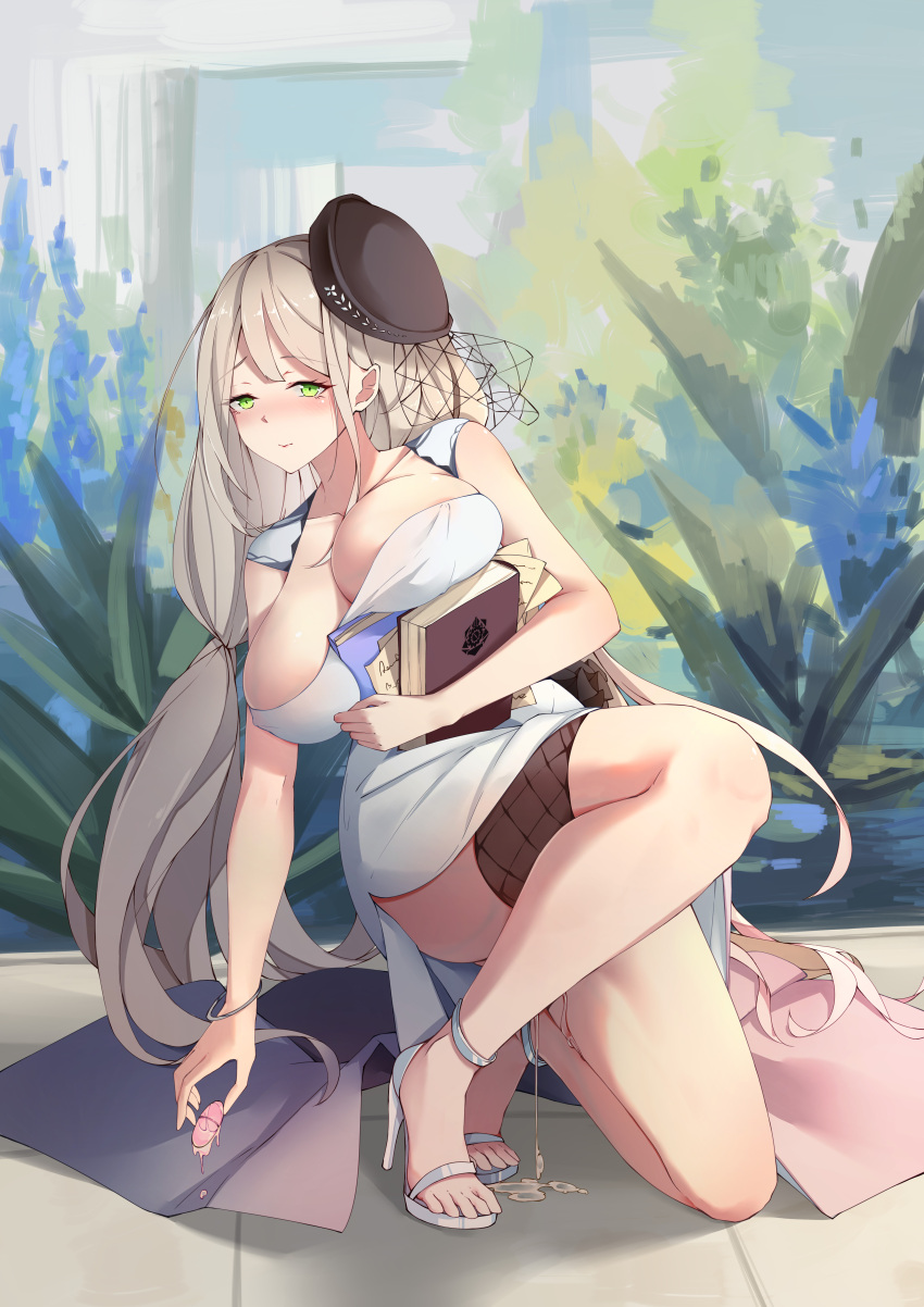 1girl absurdres aquila_(azur_lane) aquila_(green_garden_elegant_sadia)_(azur_lane) azur_lane black_headwear book breasts cleavage cocktail_dress dress dripping egg_vibrator evening_gown full_body green_eyes high_heels highres holding holding_book huge_breasts light_brown_hair long_hair looking_at_viewer naughty_face outdoors pussy_juice reaching sex_toy shoes tilted_headwear toeless_footwear very_long_hair vibrator whatwine white_footwear