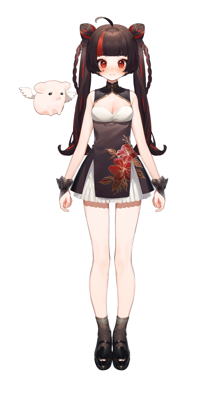 1girl :3 absurdres ahoge ankle_socks bare_arms bare_legs bare_shoulders black_dress black_footwear black_hair black_socks blush braid breasts chinese_clothes cleavage cleavage_cutout clothing_cutout double_bun dress facial_tattoo floral_print flying_pig full_body hair_bun highres kero_(vtuber) long_hair mary_janes multicolored_hair nijisanji official_art pelvic_curtain pig red_eyes red_hair scrunchie shoes sleeveless socks solo standing streaked_hair tattoo transparent_background twin_braids twintails virtual_youtuber virtuareal wrist_scrunchie