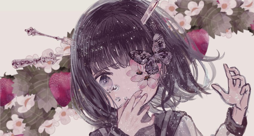 1girl bangs black_hair black_sailor_collar bug butterfly butterfly_on_head covering_mouth crying crying_with_eyes_open eyebrows_hidden_by_hair flower flower_over_eye food fork_in_head fruit hand_over_own_mouth hand_up highres knife_in_head leaf long_sleeves one_eye_covered original purple_eyes purple_hair sailor_collar school_uniform serafuku short_hair sleeve_cuffs solo strawberry supika teardrop tears white_flower