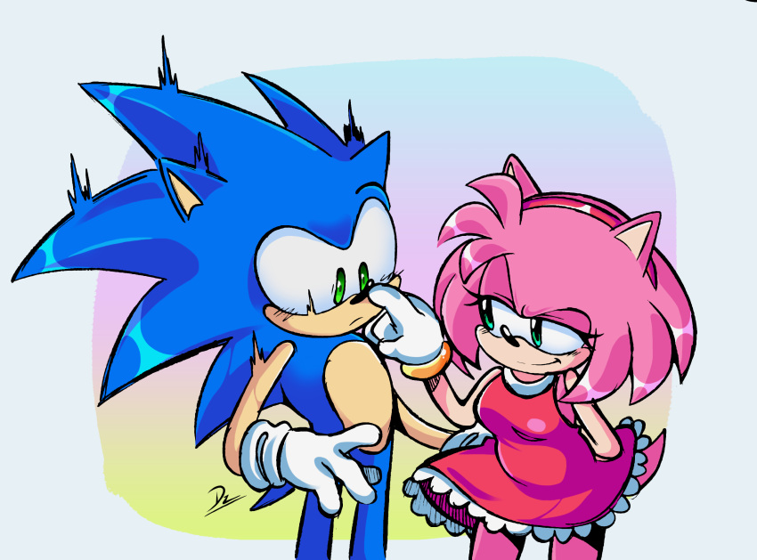 accessory amy_rose anthro black_nose blue_body clothing daemonz dress duo eulipotyphlan female gameplayart gloves green_eyes hair_accessory hairband hand_behind_back handwear hedgehog hi_res male male/female mammal mouth_closed pink_body poking sega smile sonic_the_hedgehog sonic_the_hedgehog_(series) standing surprise unknown_artist