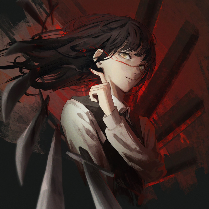 1girl ao_desu2222 bangs blood blood_on_hands blood_splatter chainsaw_man collared_shirt dark_background dress floating floating_hair floating_object floating_weapon highres knife long_hair looking_at_another pinafore_dress ringed_eyes scar scar_on_face shirt solo weapon white_shirt yellow_eyes yoru_(chainsaw_man)