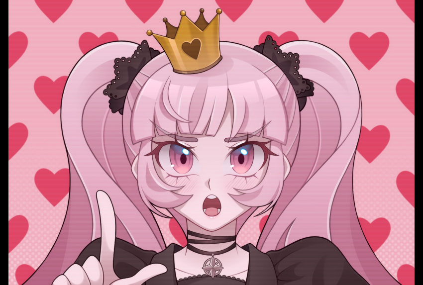 1girl :o bangs black_choker choker collarbone crown danganronpa_(series) danganronpa_another_episode:_ultra_despair_girls hand_up heart heart_background highres index_finger_raised kiki_witch long_hair pillarboxed pink_background pink_eyes pink_hair portrait puffy_sleeves shiny shiny_hair smile solo teeth tongue twintails utsugi_kotoko