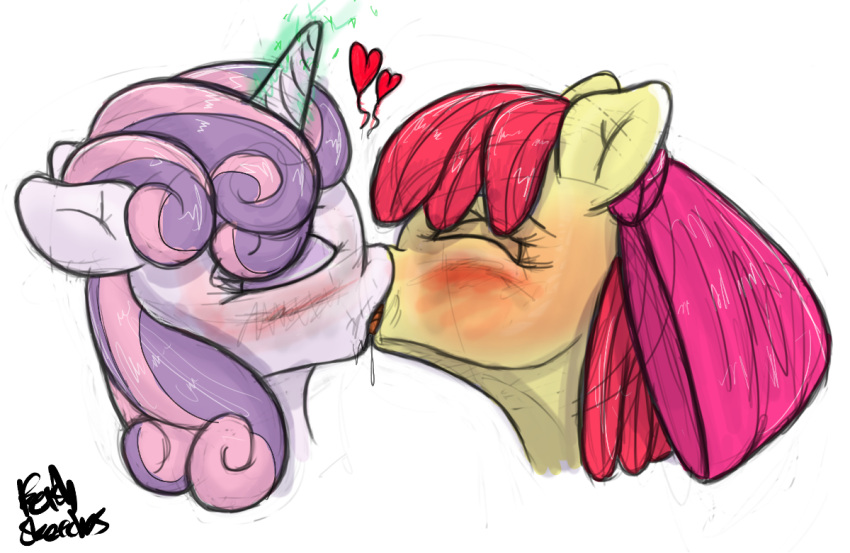 &lt;3 2020 accessory aged_up apple_bloom_(mlp) blush bow_ribbon colored_sketch digital_drawing_(artwork) digital_media_(artwork) duo earth_pony equid equine eyes_closed eyeshadow female female/female feral fetishsketches french_kissing friendship_is_magic hair hair_accessory hair_bow hair_ribbon hasbro horn horse kissing makeup mammal multicolored_hair my_little_pony pink_hair pony purple_hair red_hair ribbons signature simple_background sketch sloppy_kiss sweetie_belle_(mlp) two_tone_hair unicorn white_background white_body yellow_body