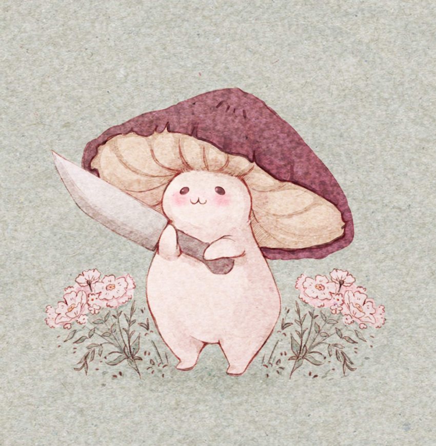 :3 aqua_background blush bouquet commentary english_commentary fairydrop flower highres holding holding_knife knife mushroom no_humans original simple_background watercolor_effect white_flower