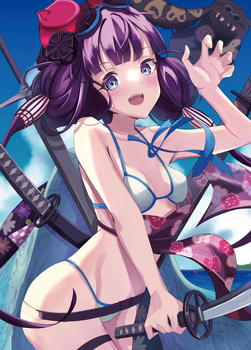 1girl absurdres bangs bare_shoulders beads belt bikini blue_eyes bracelet breasts cleavage collarbone fate/grand_order fate_(series) floral_print goggles goggles_on_head hair_ornament highres jewelry katana katsushika_hokusai_(fate) katsushika_hokusai_(swimsuit_saber)_(fate) long_hair looking_at_viewer medium_breasts navel obi octopus open_mouth pizakame purple_hair sash sidelocks smile swimsuit sword thigh_strap thighs tokitarou_(fate) weapon white_bikini