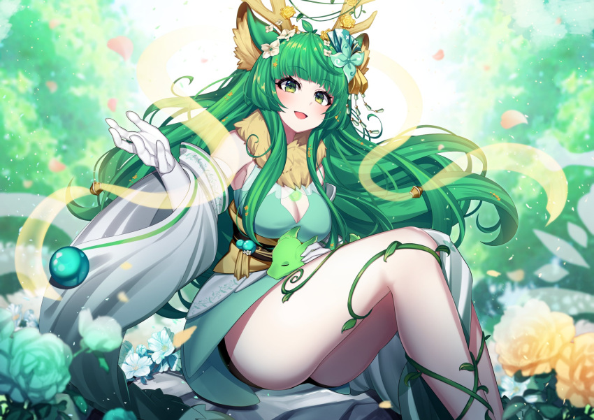 1girl :d akagi_(sk0127aho) animal_ear_fluff animal_ears antler_ornament antlers blush breasts cleavage cleavage_cutout clothing_cutout commentary deer_ears detached_sleeves dress elbow_gloves flower fur-trimmed_dress fur_trim gloves green_dress green_eyes green_hair hair_flower hair_ornament haruka_karibu highres large_breasts long_hair looking_at_viewer open_mouth reindeer_antlers reindeer_girl smile symbol-only_commentary virtual_youtuber vshojo white_gloves white_sleeves