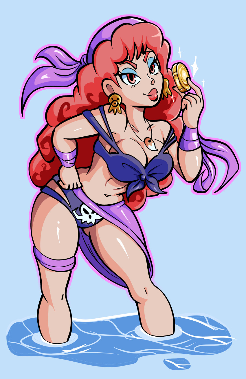 absurdres bikini blue_eyeshadow captain_syrup coin collar curly_hair earrings eyeshadow hand_on_hip highres jewelry lipstick long_hair makeup nintendo red_eyes red_hair red_lips summer swimsuit twistythetiny wario_land water wavy_hair