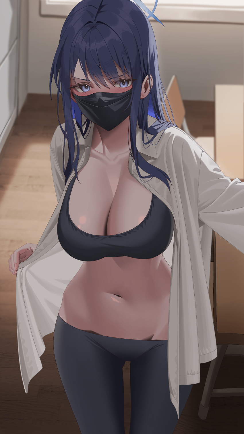 1girl absurdres black_hair black_pants black_shirt blue_archive blue_eyes breasts cleavage collarbone collared_shirt cowboy_shot crop_top halo highres leavv long_hair long_sleeves mask medium_breasts mid midriff mouth_mask open_clothes open_shirt pants saori_(blue_archive) shirt shirt_tug sleeveless sleeveless_shirt standing tight tight_pants