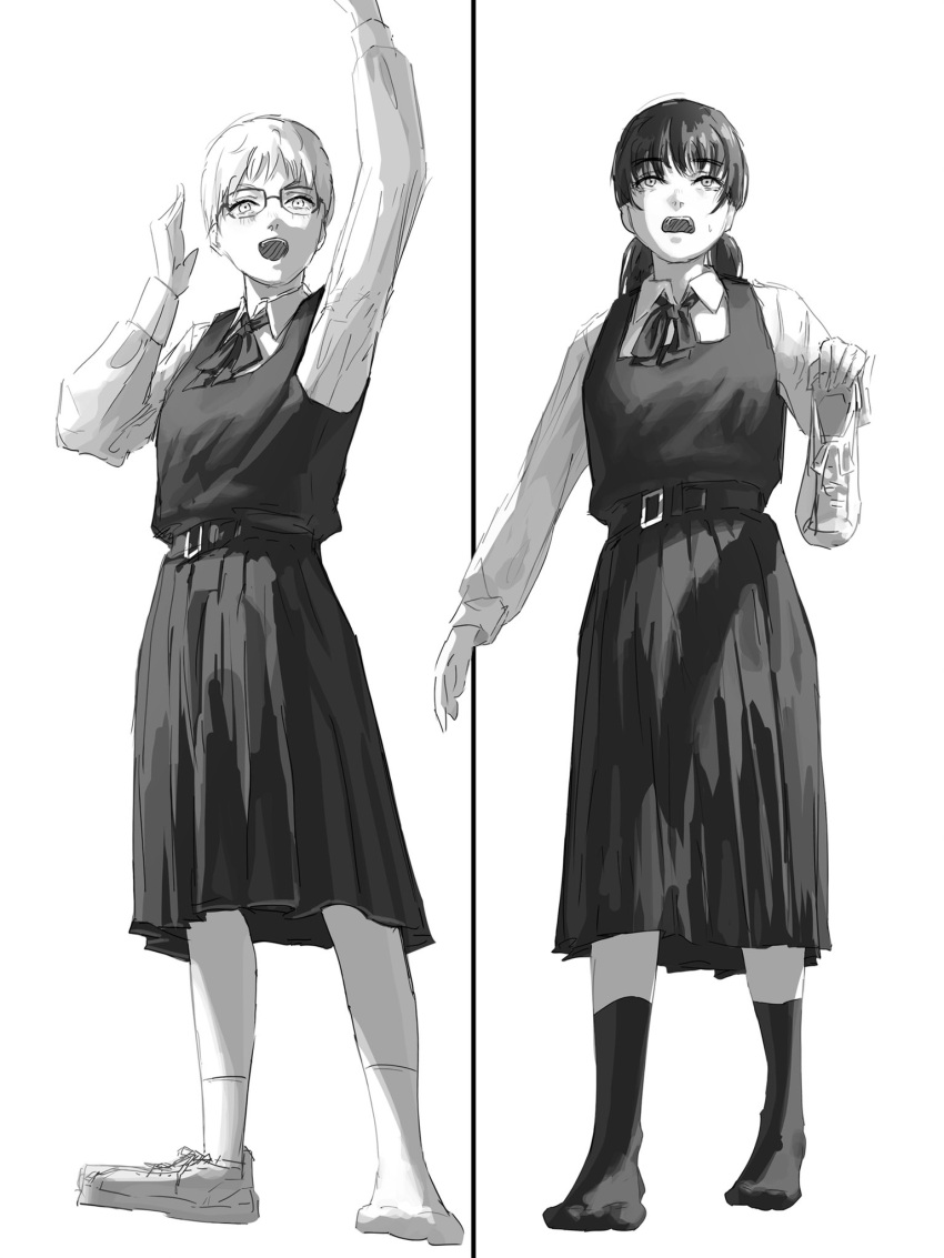 2girls ao_desu2222 arm_up bag black_dress black_hair black_ribbon black_socks chainsaw_man collared_shirt dress fourth_east_high_school_uniform glasses greyscale grocery_bag highres long_hair looking_afar looking_at_another mitaka_asa monochrome multiple_girls open_mouth pinafore_dress ribbon school_uniform shirt shoes shopping_bag short_hair simple_background single_shoe smile socks twintails waving white_background white_hair yuko_(chainsaw_man)