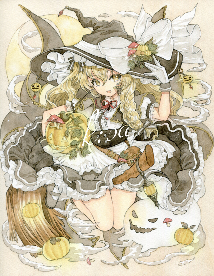 1girl :d absurdres apron bangs black_dress blonde_hair bow broom broom_riding cape center_frills commentary_request dress fly_agaric food frills full_body ghost gloves grey_cape grey_footwear hair_between_eyes hand_on_headwear hat hat_bow highres holding holding_food holding_pumpkin holding_vegetable jack-o'-lantern jack-o'-lantern_hat_ornament kirisame_marisa kisarush lantern long_hair looking_at_viewer mary_janes moon mushroom open_mouth pouch puffy_short_sleeves puffy_sleeves pumpkin red_ribbon ribbon shirt shoes short_sleeves smile socks solo touhou traditional_media vegetable vial watermark white_apron white_bow white_gloves white_shirt white_socks witch_hat yellow_eyes