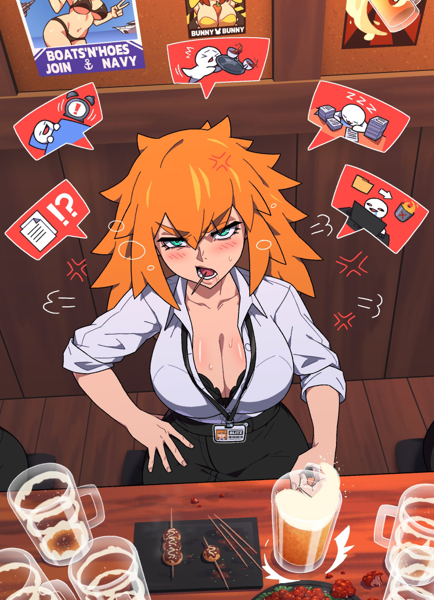 1girl =3 absurdres alcohol anger_vein bangs beer beer_mug black_bra blush bra breasts cleavage collarbone cup dress_shirt drunk green_eyes hair_between_eyes highres id_card large_breasts long_hair looking_at_viewer mug office_lady open_clothes open_mouth open_shirt orange_hair original pencil_skirt ponaners shirt shirt_tucked_in sidelocks skirt solo speech_bubble sweat toothpick underwear white_shirt