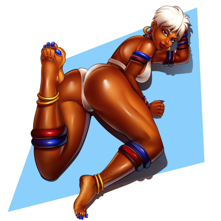 1girl absurdres anklet armlet ass bangle bikini blue_background blue_eyes blue_nails border bracelet breasts brown_lips calflet d2kmax dark-skinned_female dark_skin elena_(street_fighter) english_commentary full_body highres jewelry looking_at_viewer lying medium_breasts nail_polish neck_ring nose on_stomach shiny shiny_skin short_hair shoulder_blades sideboob soles solo street_fighter street_fighter_iii_(series) swimsuit thick_thighs thighs toenail_polish toenails toes toned turning_head very_dark_skin very_short_hair white_bikini white_border white_hair