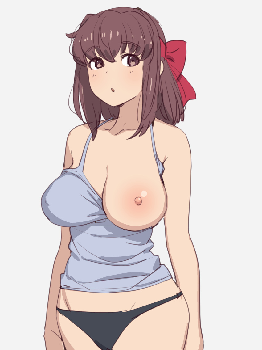 1girl absurdres black_panties blue_shirt blush breast_slip breasts brown_eyes brown_hair covered_nipples girls_und_panzer hair_ribbon highres kondou_taeko large_breasts nipples no_bra one_breast_out onsen_tamago_(hs_egg) open_mouth panties ribbon shirt simple_background sketch solo standing underwear white_background