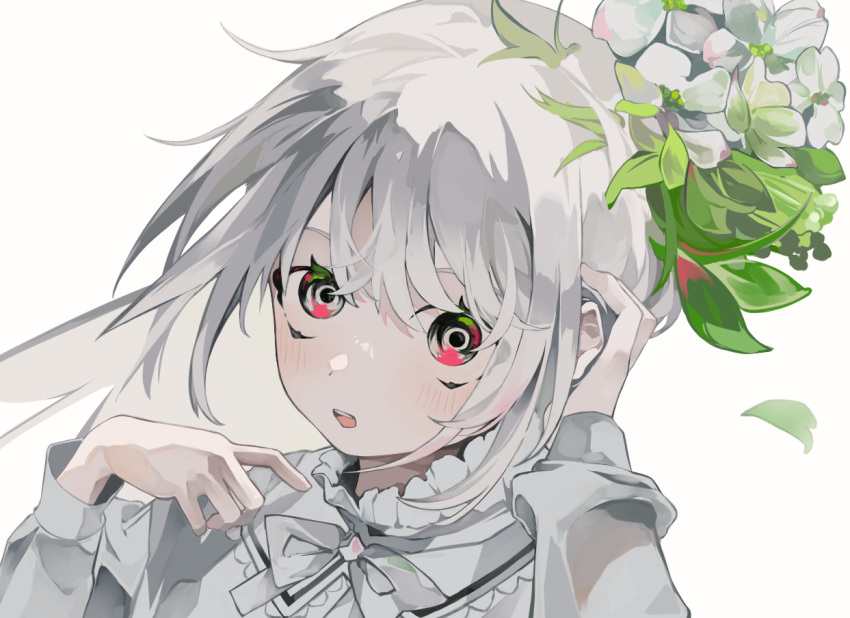 1girl bangs black_eyes black_sclera blush bow bowtie colored_sclera commentary_request flower hair_between_eyes hair_flower hair_ornament hand_on_ear hands_up leaf_hair_ornament long_sleeves looking_at_viewer looking_up open_mouth original portrait shirt simple_background solo teeth toasu upper_teeth white_background white_bow white_bowtie white_flower white_hair white_shirt