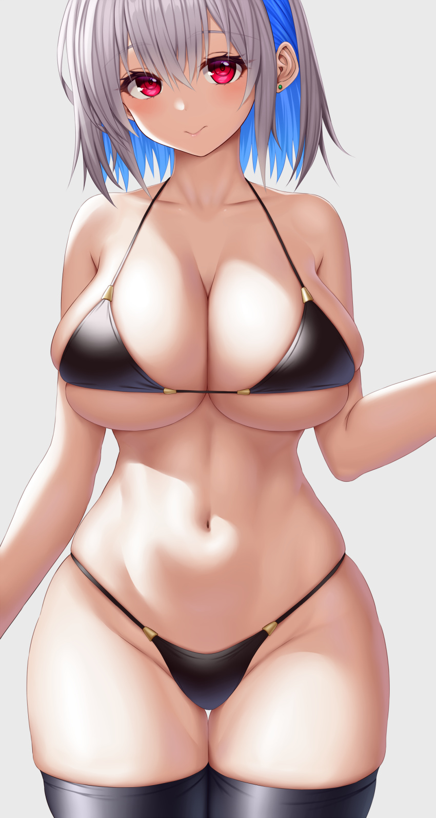 1girl absurdres asamura_hiori bangs bare_shoulders bikini black_bikini black_thighhighs blue_hair blush breasts cleavage closed_mouth collarbone commentary_request cowboy_shot earrings grey_hair groin hair_between_eyes hand_up highres jewelry large_breasts looking_at_viewer multicolored_hair navel original red_eyes sidelocks simple_background skindentation smile solo standing stomach stud_earrings swimsuit thigh_gap thighhighs two-tone_hair underboob white_background