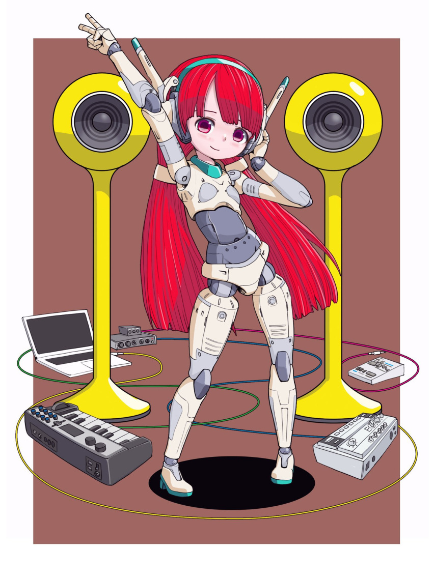 1girl android computer headgear highres instrument joints keyboard_(instrument) laptop long_hair original red_eyes red_hair robot robot_joints simple_background solo speaker sukabu v