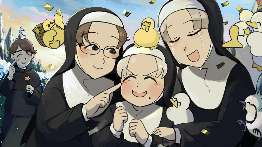 1boy 3girls ^_^ animal_on_head bird bird_on_head blue_jay brown_hair brunette_bangs_nun_(diva) catholic chicken closed_eyes diva_(hyxpk) duck duckling english_commentary flower glasses goose grey_hair habit happy_tears highres holding holding_flower little_nuns_(diva) mole mole_under_mouth monk multiple_girls nun on_head parted_grey_nun_(diva) smile smug_nun_(diva) star_ornament tears