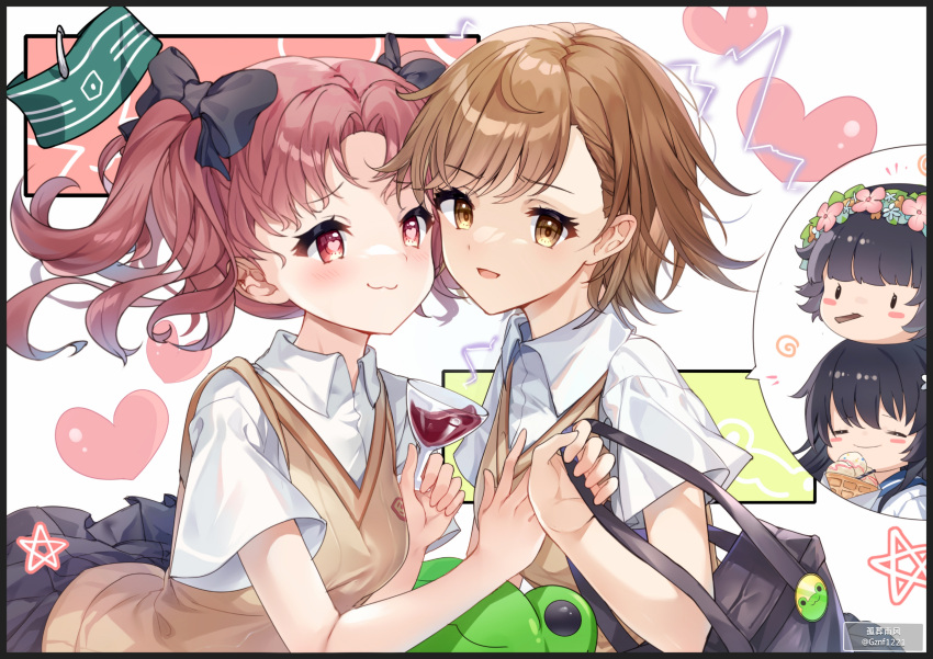 4girls :3 :d =_= absurdres bag bangs black_bow black_hair black_skirt blush bow brown_eyes brown_hair chinese_commentary commentary_request electricity gekota guzangnanfeng hair_bow head_wreath heart heart-shaped_pupils highres long_hair looking_at_viewer misaka_mikoto multiple_girls nose_blush open_mouth saten_ruiko school_uniform shirai_kuroko shirt short_hair skirt smile star_(symbol) sweater_vest symbol-shaped_pupils toaru_kagaku_no_railgun toaru_majutsu_no_index tokiwadai_school_uniform uiharu_kazari white_shirt