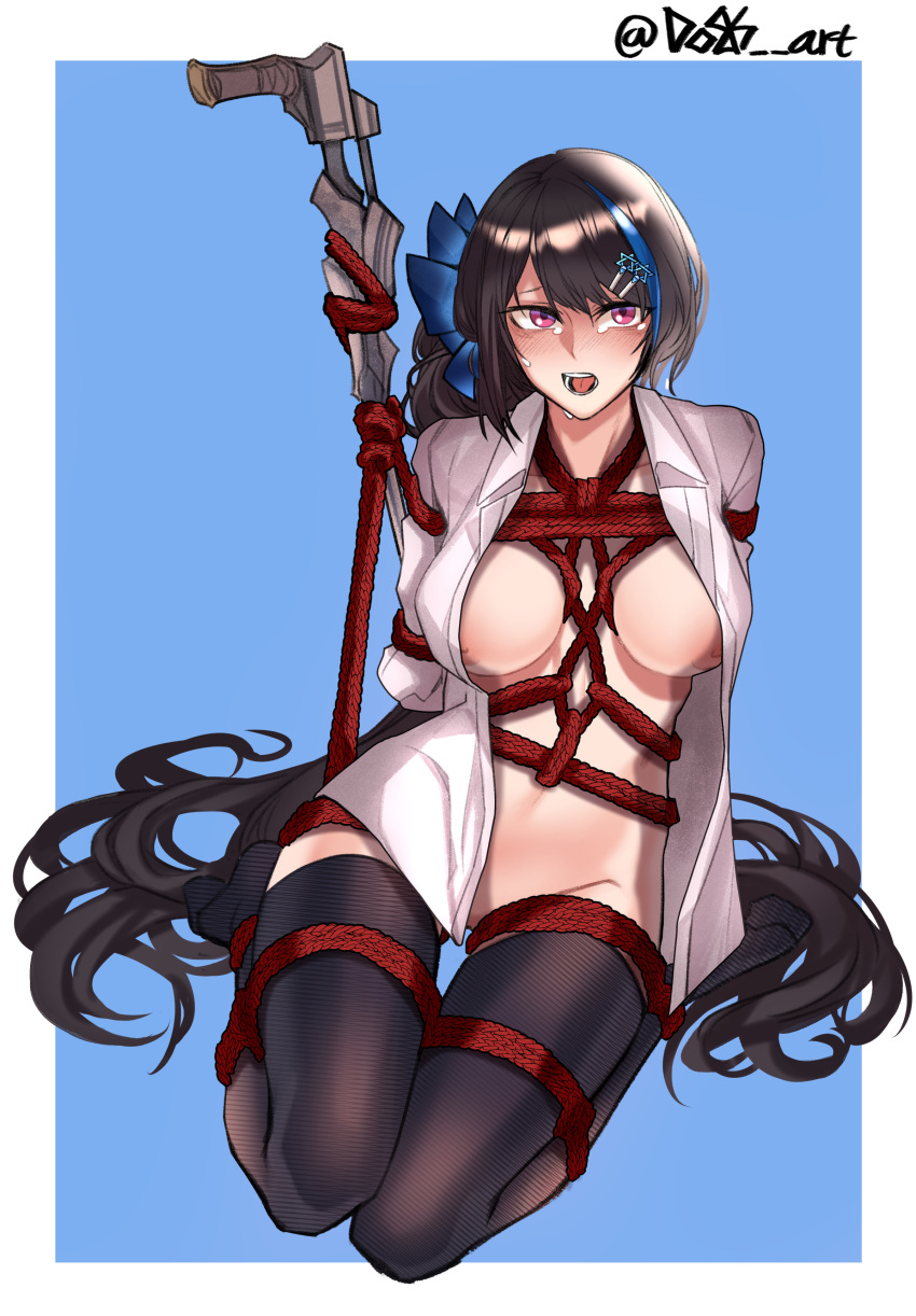 1girl absurdres arms_behind_back bangs bdsm black_hair black_thighhighs blue_background blush bondage border bound bound_arms bound_legs bound_thighs bound_torso bound_wrists breasts collarbone commission covered_nipples dogs_(dlrkdejr26) full_body girls'_frontline hair_ornament hairclip hexagram highres jericho_(girls'_frontline) korean_commentary legs long_hair long_sleeves looking_at_viewer medium_breasts multicolored_hair navel open_clothes open_mouth open_shirt purple_eyes red_ribbon ribbon shirt sitting solo star_of_david streaked_hair sweatdrop teardrop tears teeth thighhighs thighs twitter_username upper_teeth very_long_hair white_border white_shirt