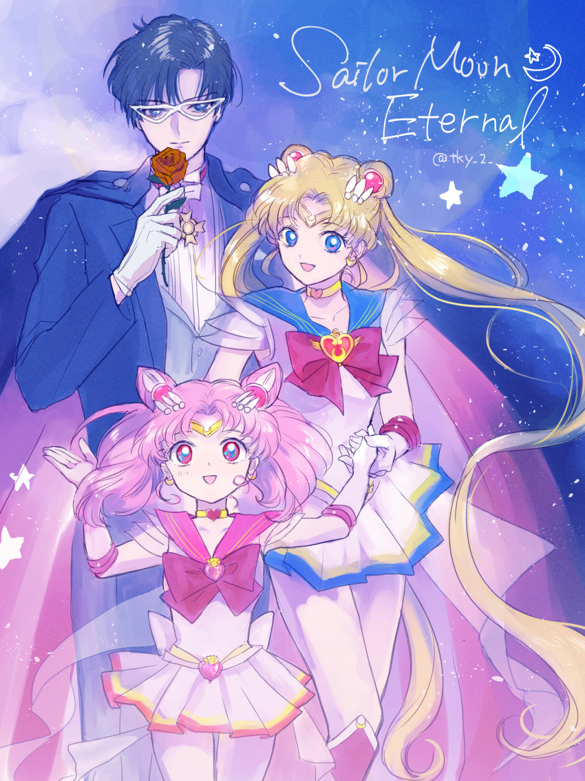 1boy 2girls absurdres bishoujo_senshi_sailor_moon black_hair blonde_hair blue_eyes bow chiba_mamoru chibi_usa gloves highres magical_girl multiple_girls pink_hair red_bow red_eyes red_footwear red_sailor_collar sailor_collar sailor_moon takayo_(retry) tuxedo_kamen white_gloves