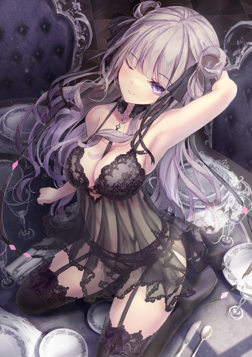 1girl arm_at_side arm_behind_head armpits babydoll bangs black_babydoll black_choker black_dress black_panties black_thighhighs black_underwear breasts chair choker cleavage closed_mouth collarbone commentary_request couch covered_navel dress gothic_lolita grey_hair hair_ornament hair_ribbon highres hime_cut indoors knife lingerie lolita_fashion long_hair looking_at_viewer medium_breasts missile228 on_table one_eye_closed original outstretched_arm panties plant purple_eyes ribbon see-through see-through_dress seiza sidelocks sitting smile solo spoon straight_hair table thighhighs underwear wariza