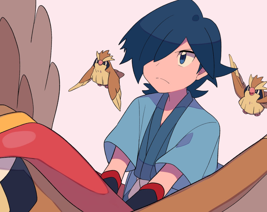 1boy bird black_wristband blue_eyes blue_hair blue_jacket blue_kimono closed_mouth commentary_request falkner_(pokemon) frown hair_over_one_eye haori highres jacket japanese_clothes kimono male_focus medium_hair open_clothes open_jacket pidgeot pidgey pokemon pokemon_(game) pokemon_hgss riding riding_pokemon sash short_sleeves tyako_089 white_background wristband