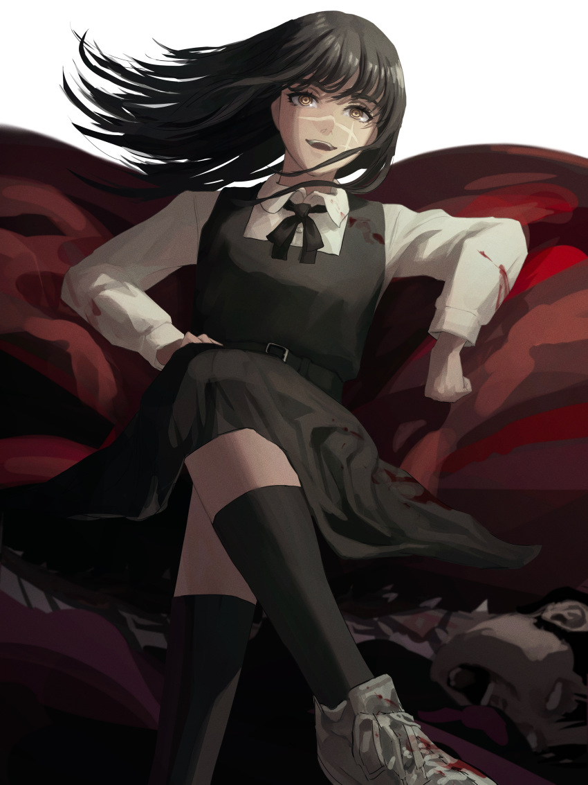 1boy 1girl absurdres ao_desu2222 bangs black_hair black_ribbon black_socks blank_eyes blood blood_on_clothes chainsaw_man collared_shirt cross cross_scar crossed_legs dress floating_hair highres long_hair looking_at_viewer open_mouth pinafore_dress ribbon ringed_eyes scar scar_on_face severed_head shirt short_hair simple_background smile socks solo_focus tanaka_(chainsaw_man) white_background yellow_eyes yoru_(chainsaw_man)