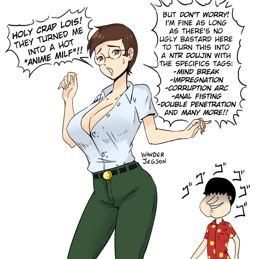 1boy 1girl animification belt black_hair breasts brown_eyes brown_hair buttons cleavage commentary english_commentary english_text family_guy genderswap genderswap_(mtf) glasses glenn_quagmire green_pants grin hair_over_eyes highres large_breasts mature_female menacing_(jojo) pants peter_griffin red_shirt shirt short_hair short_sleeves smile speech_bubble unbuttoned unbuttoned_shirt wanderjegson