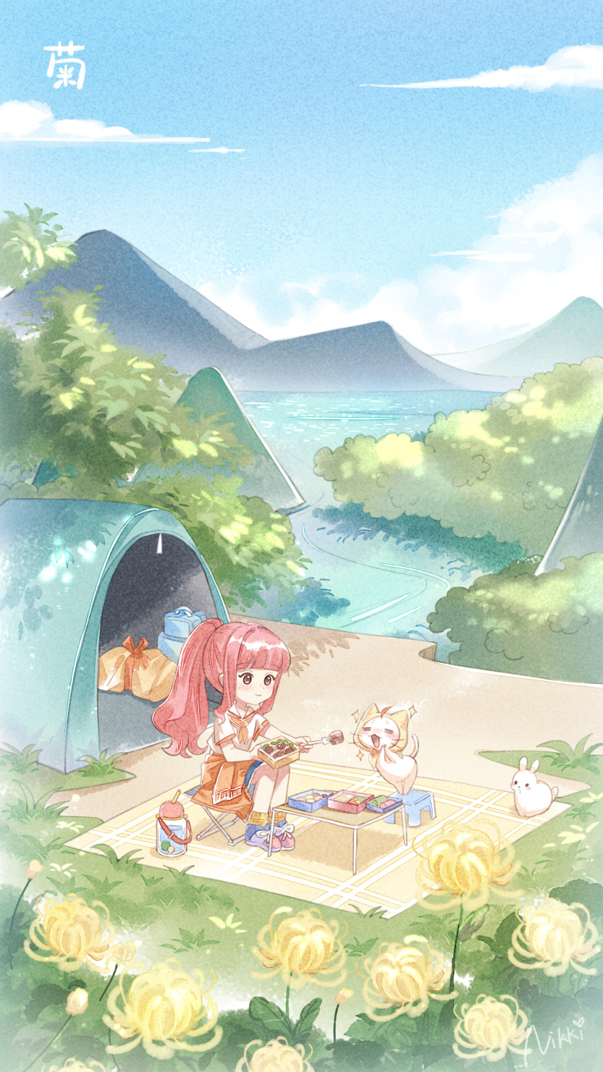 1boy 1girl artist_request bangs blue_footwear blush brown_eyes camping cat chair chinese_commentary clear_sky cloud commentary_request eating feeding highres jacket lake long_hair momo_(miracle_nikki) mountainous_horizon necktie nikki_(miracle_nikki) official_art orange_jacket orange_necktie pink_hair rabbit river shining_nikki shirt sitting sky table tree white_shirt yellow_cloak