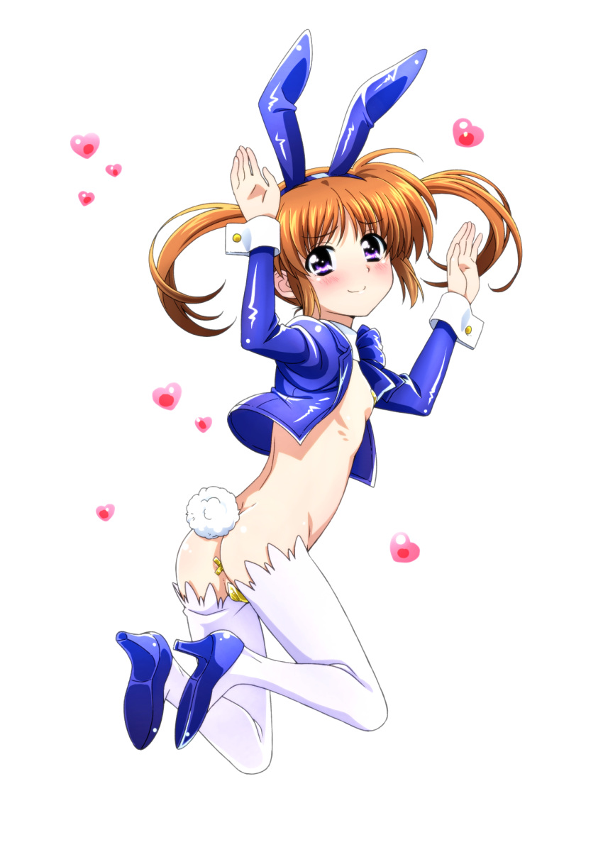 1girl animal_ears ass blush breasts brown_hair bunny_pose closed_mouth fake_animal_ears fake_tail heart high_heels highres looking_at_viewer lyrical_nanoha mahou_shoujo_lyrical_nanoha mahou_shoujo_lyrical_nanoha_a's meme_attire miyajima_hitoshi pasties purple_eyes rabbit_ears rabbit_tail reverse_bunnysuit reverse_outfit shiny shiny_hair shiny_skin simple_background small_breasts smile solo tail takamachi_nanoha thighhighs twintails white_background white_thighhighs