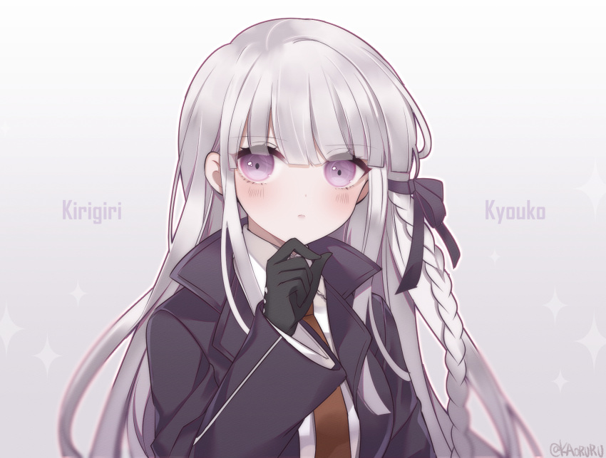 1girl bangs black_gloves black_jacket black_ribbon braid brown_necktie character_name danganronpa:_trigger_happy_havoc danganronpa_(series) gloves gradient gradient_background grey_background grey_hair hair_ribbon hand_on_own_chin hand_up highres jacket kaoruru_(sakuno2911) kirigiri_kyouko long_hair looking_at_viewer necktie purple_eyes ribbon shirt side_braid smile solo twitter_username upper_body white_shirt